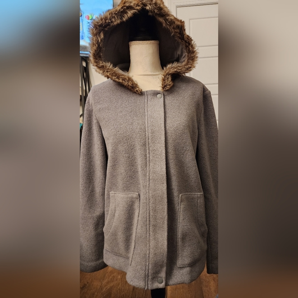 Preowned J Jill size medium, lightweight, faux fur hooded jacket